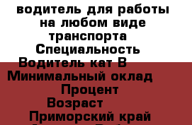 водитель для работы на любом виде транспорта › Специальность ­ Водитель кат.В C D E › Минимальный оклад ­ 35 000 › Процент ­ 15 › Возраст ­ 22 - Приморский край, Артем г. Работа » Резюме   . Приморский край,Артем г.